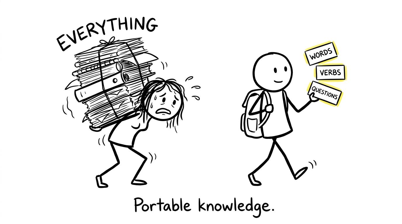 One student carries everything while another travels lightly with three focused revision cards
