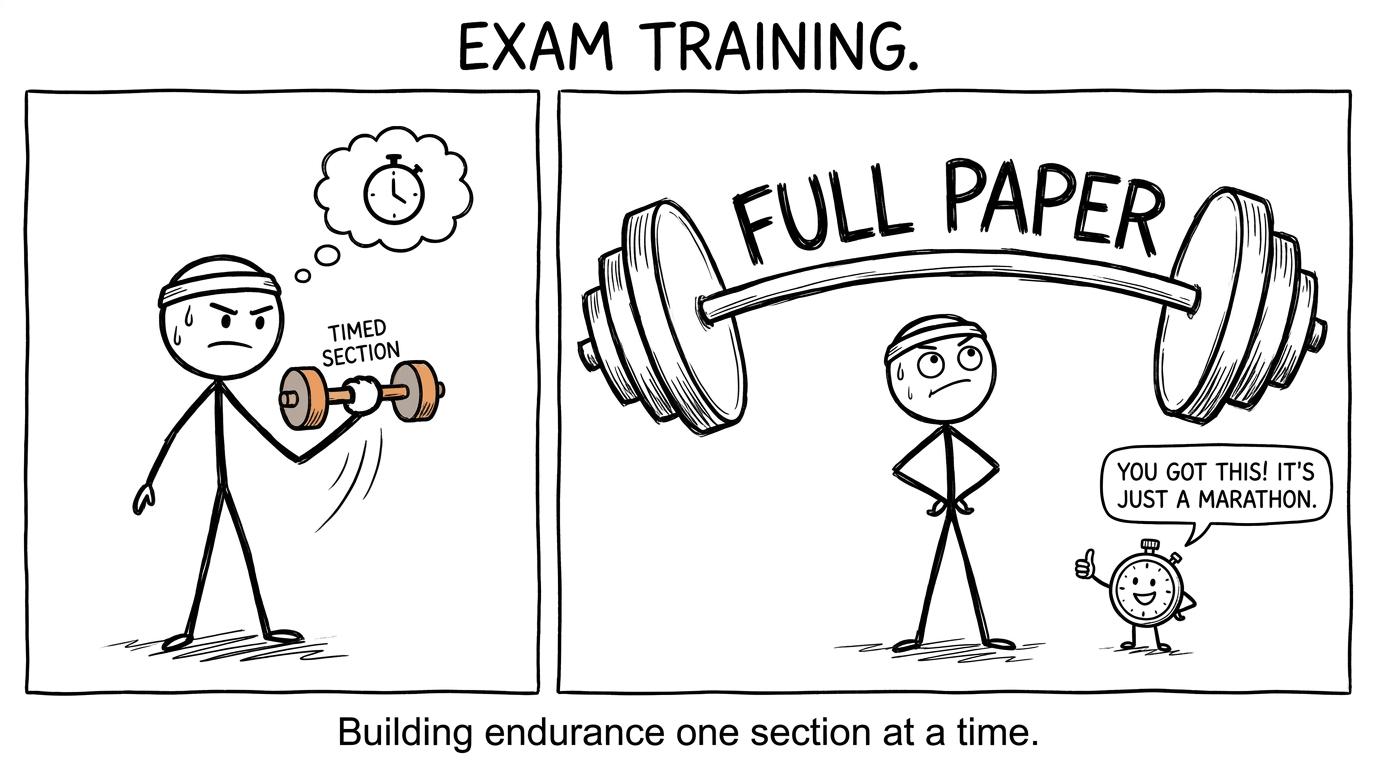 A student progressing from a timed section to a full paper