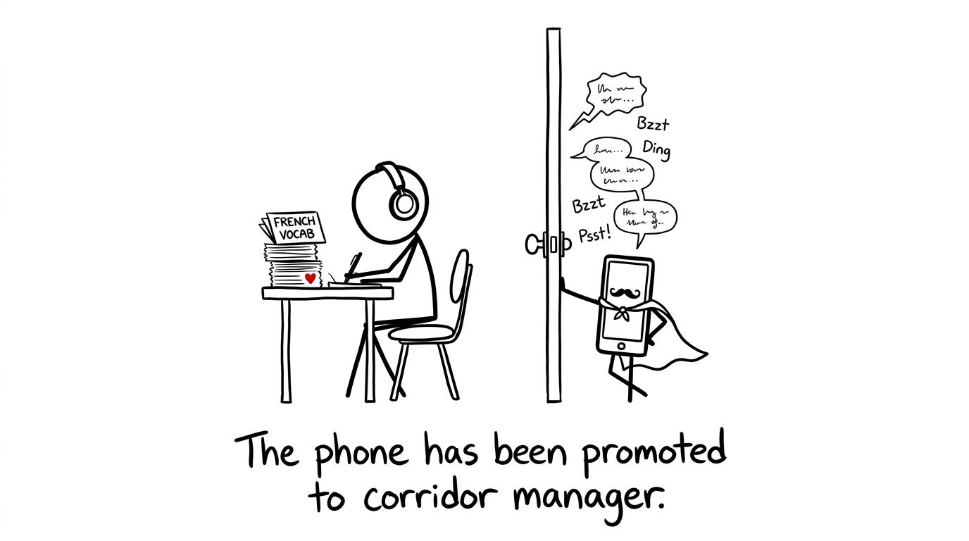 A smartphone becomes corridor manager while focused revision continues