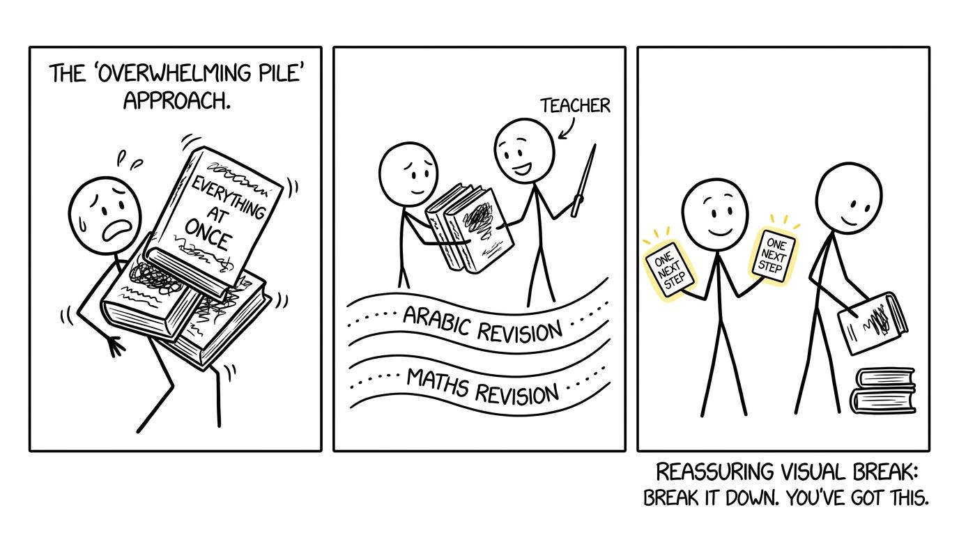 A student swaps impossible revision juggling for one manageable next step in each subject