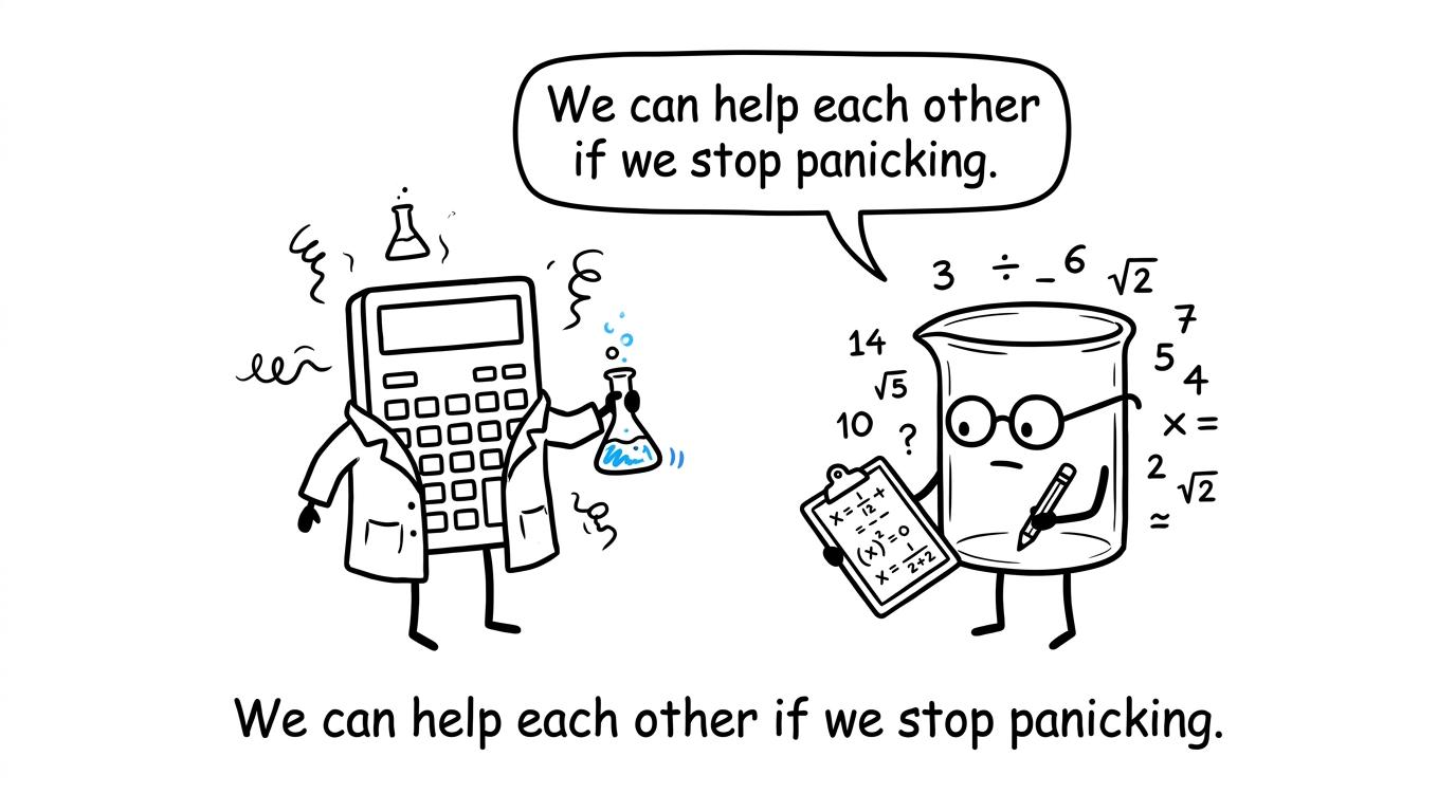 A calculator in a lab coat and a beaker doing maths