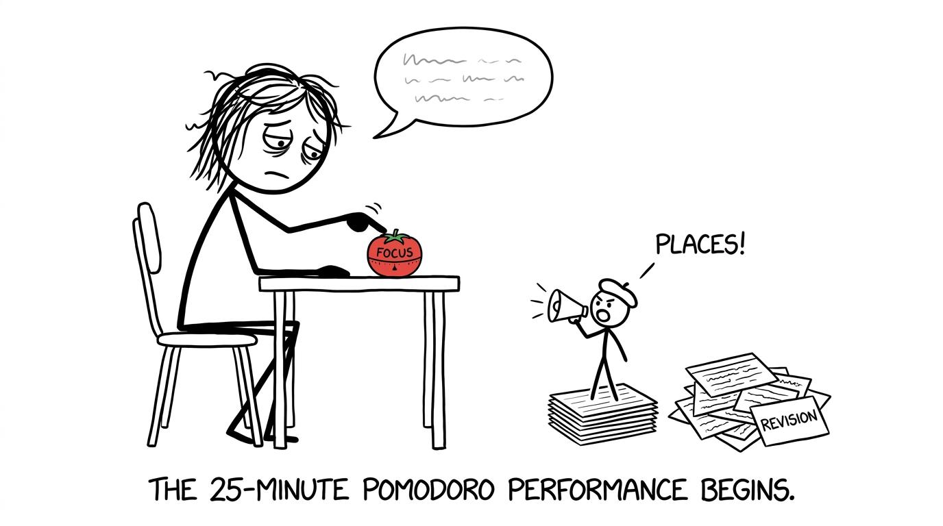 A GCSE student starts a revision session with a tomato timer while a tiny theatrical director calls places