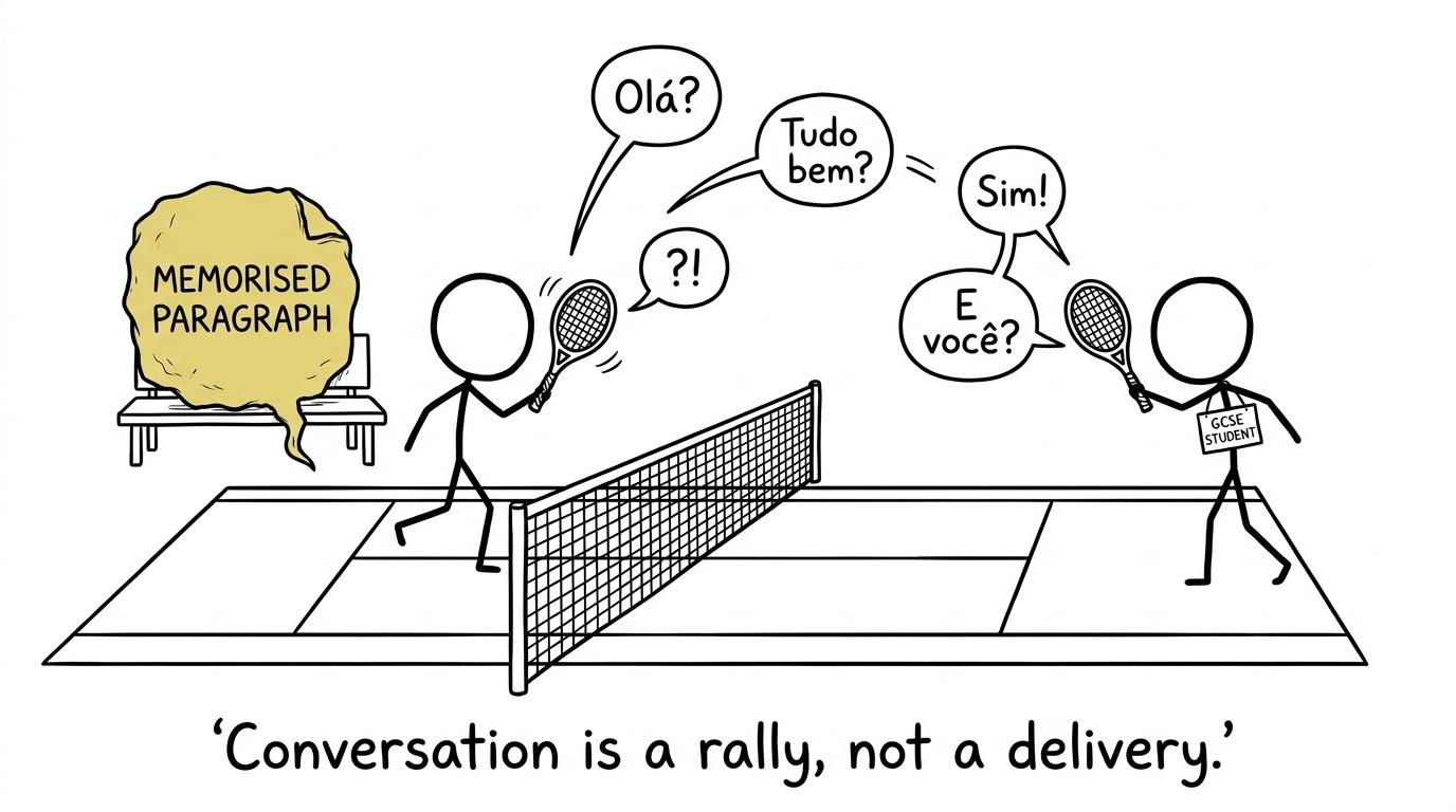A student returns speech bubbles in a conversational tennis rally while a memorised paragraph waits on the bench