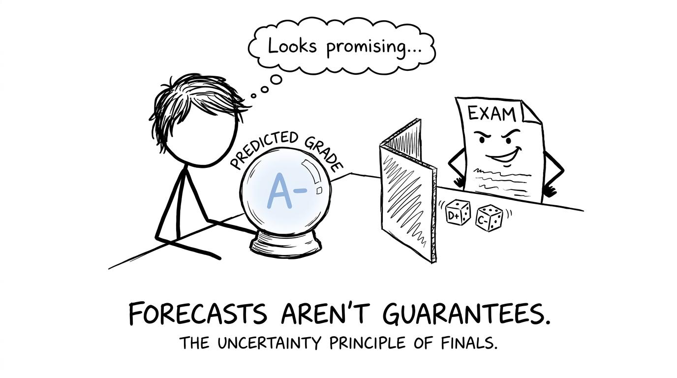 A student consults a predicted-grade crystal ball while the exam paper has other ideas