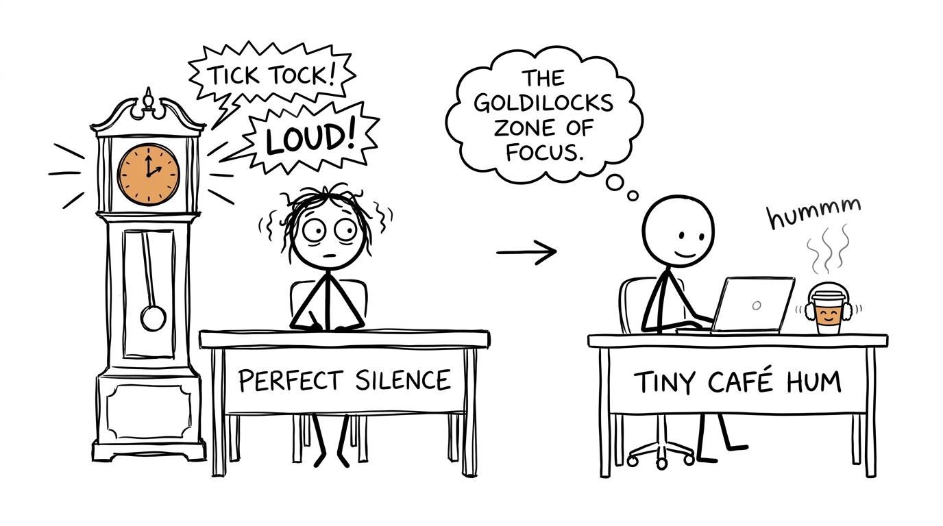 Two students discover that perfect silence and a tiny café hum create different distractions