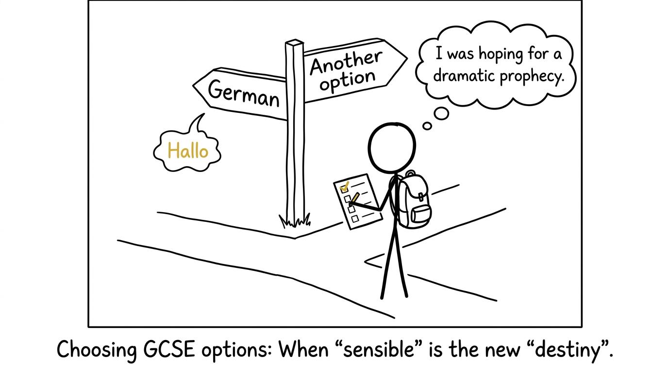 A student waiting for a dramatic prophecy at the GCSE options crossroads