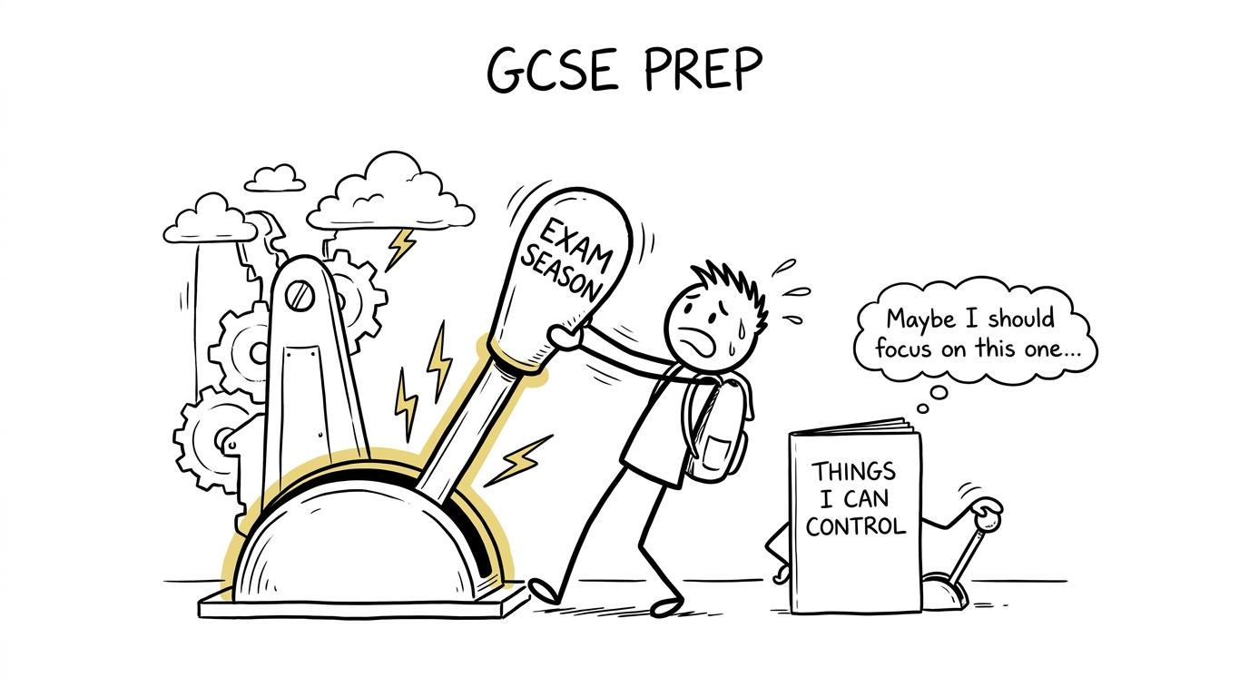 A giant exam-season lever distracts a student from a small revision lever
