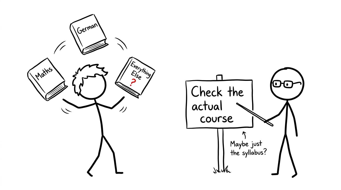 A student juggles revision books while being told to check the actual course