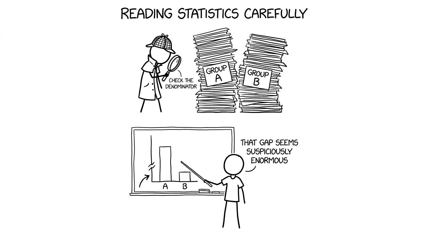 Stick-figure data detectives investigate a suspicious results chart
