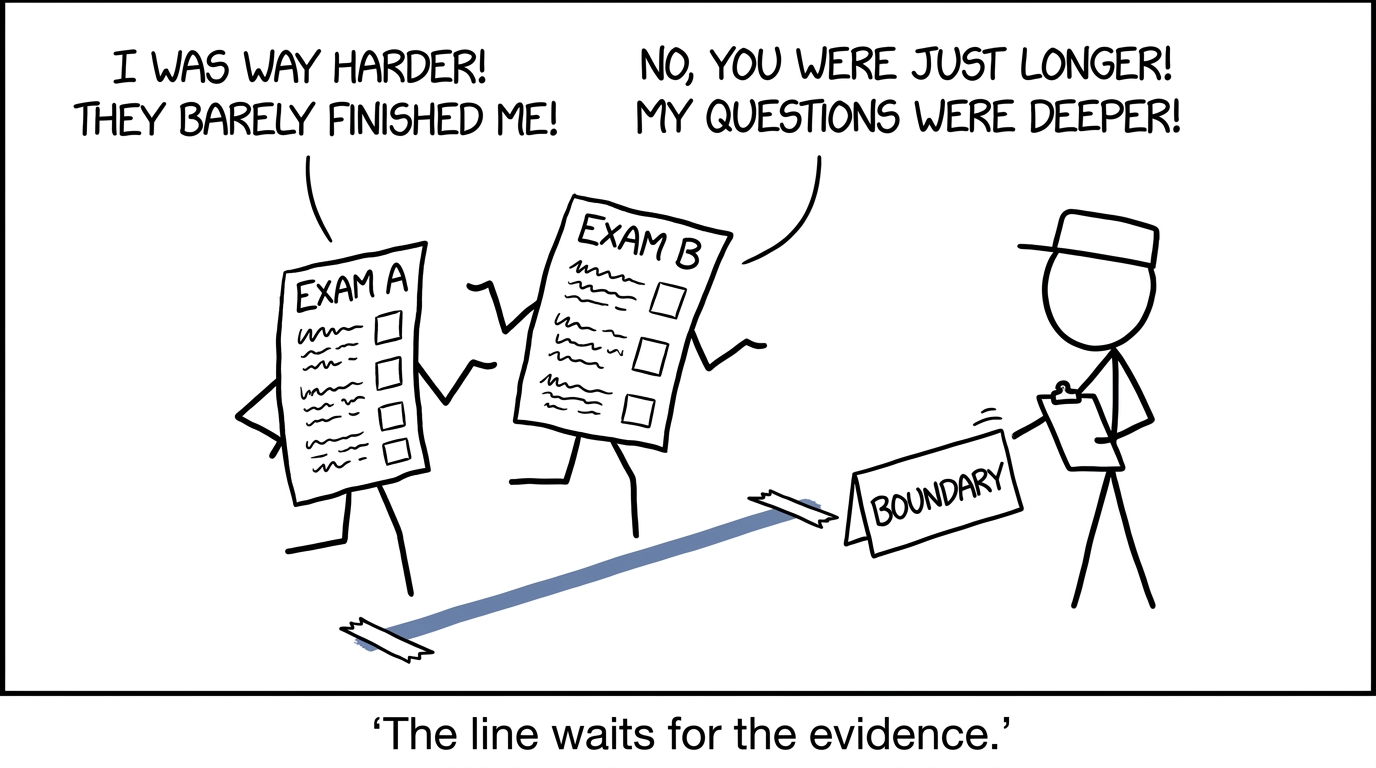 Two exam papers discover that the boundary waits for evidence