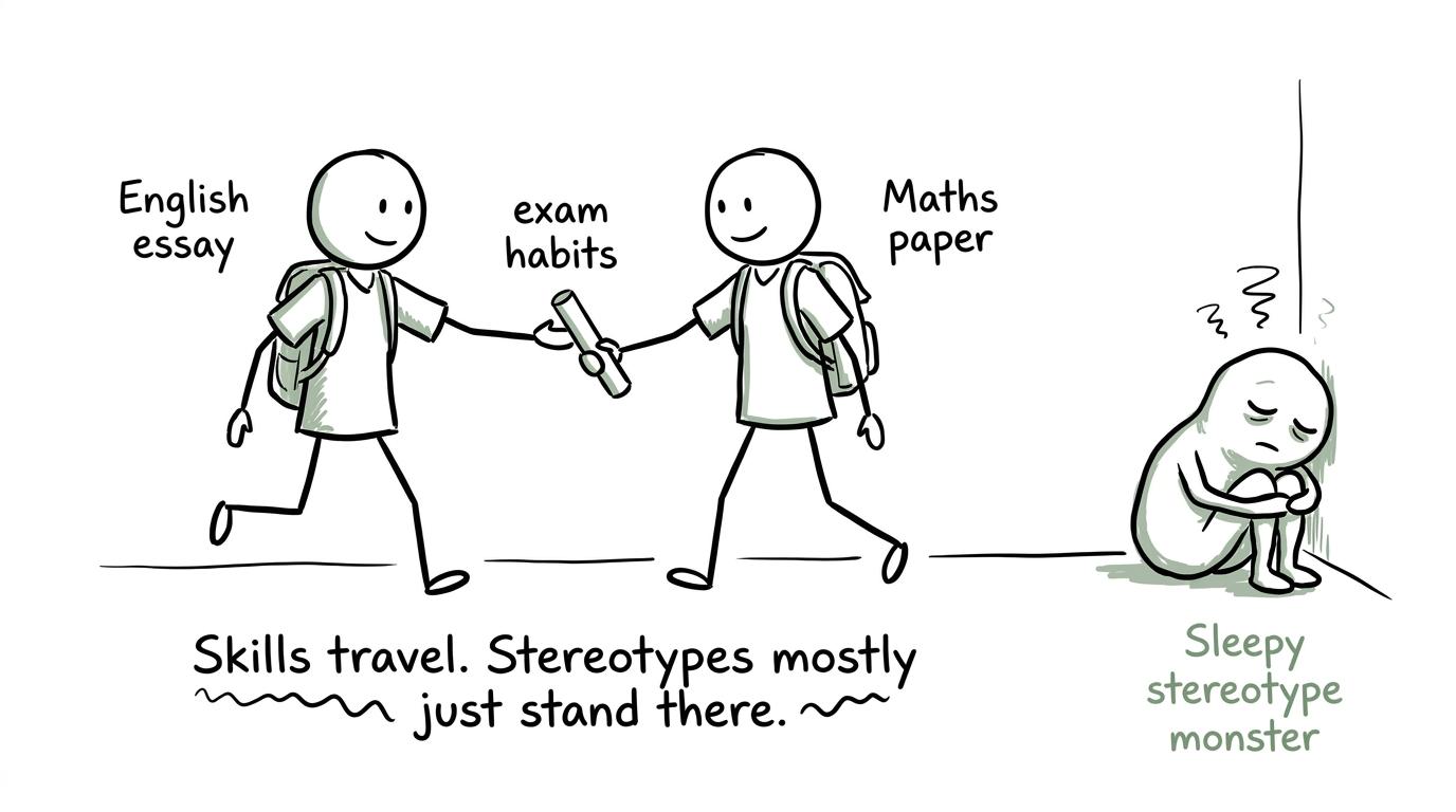 English and maths students pass an exam-habits baton while ignoring a stereotype monster