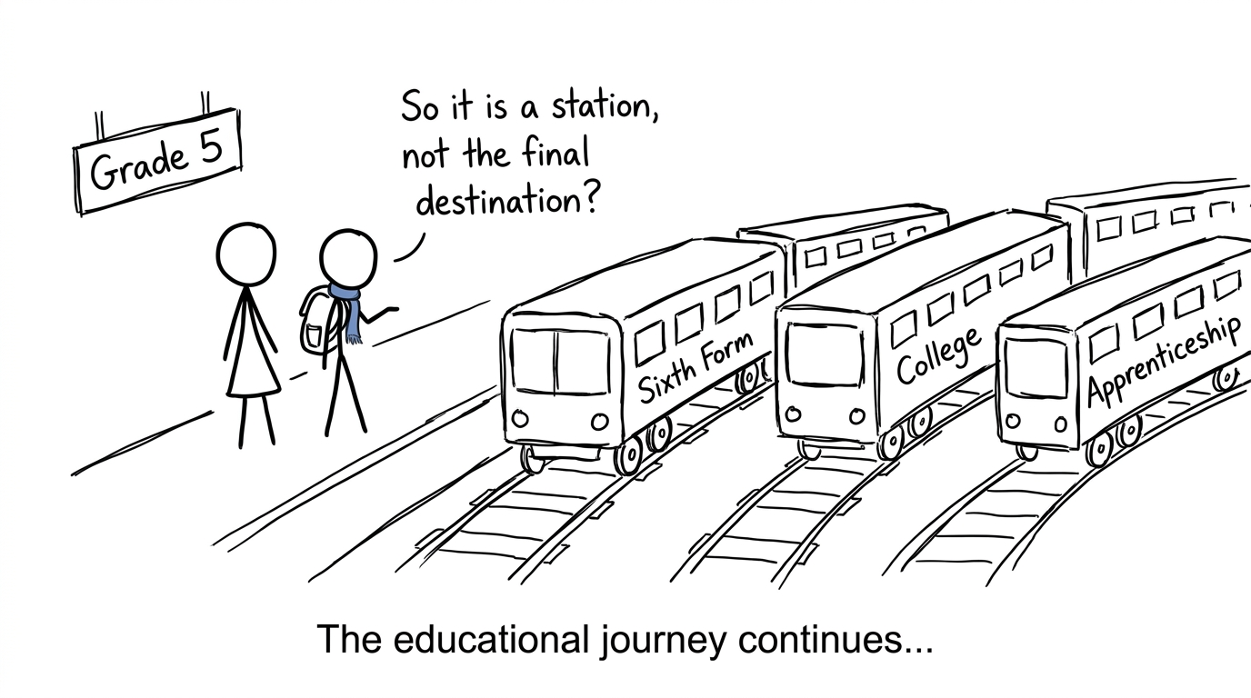 A student and parent viewing Grade 5 as a station with several onward routes