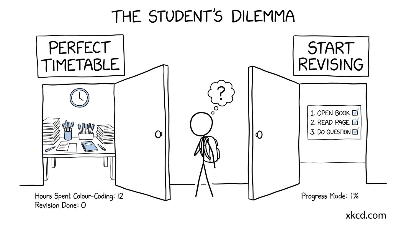 A student chooses between perfect planning and starting revision
