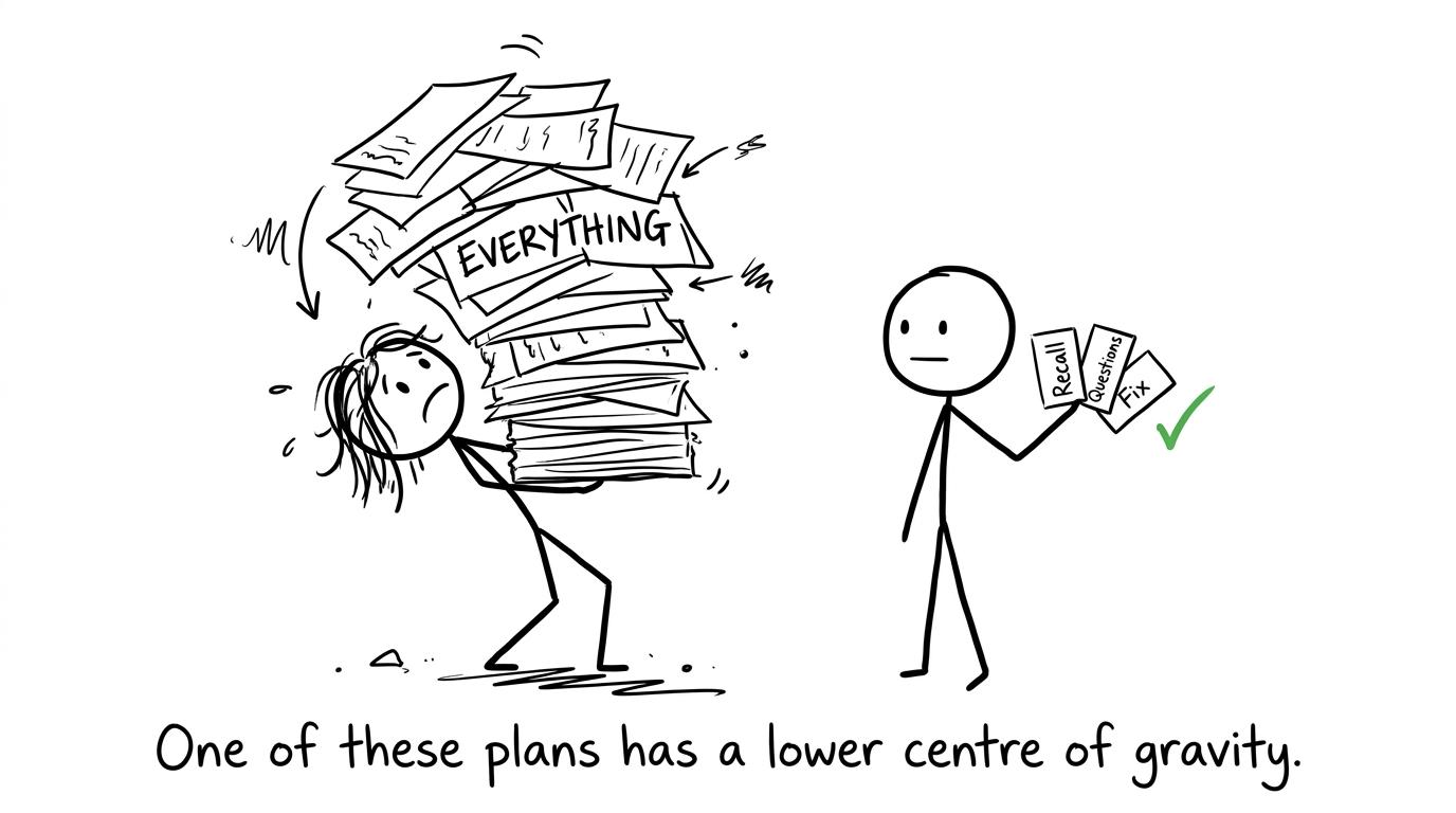 A student choosing small revision cards instead of carrying every note