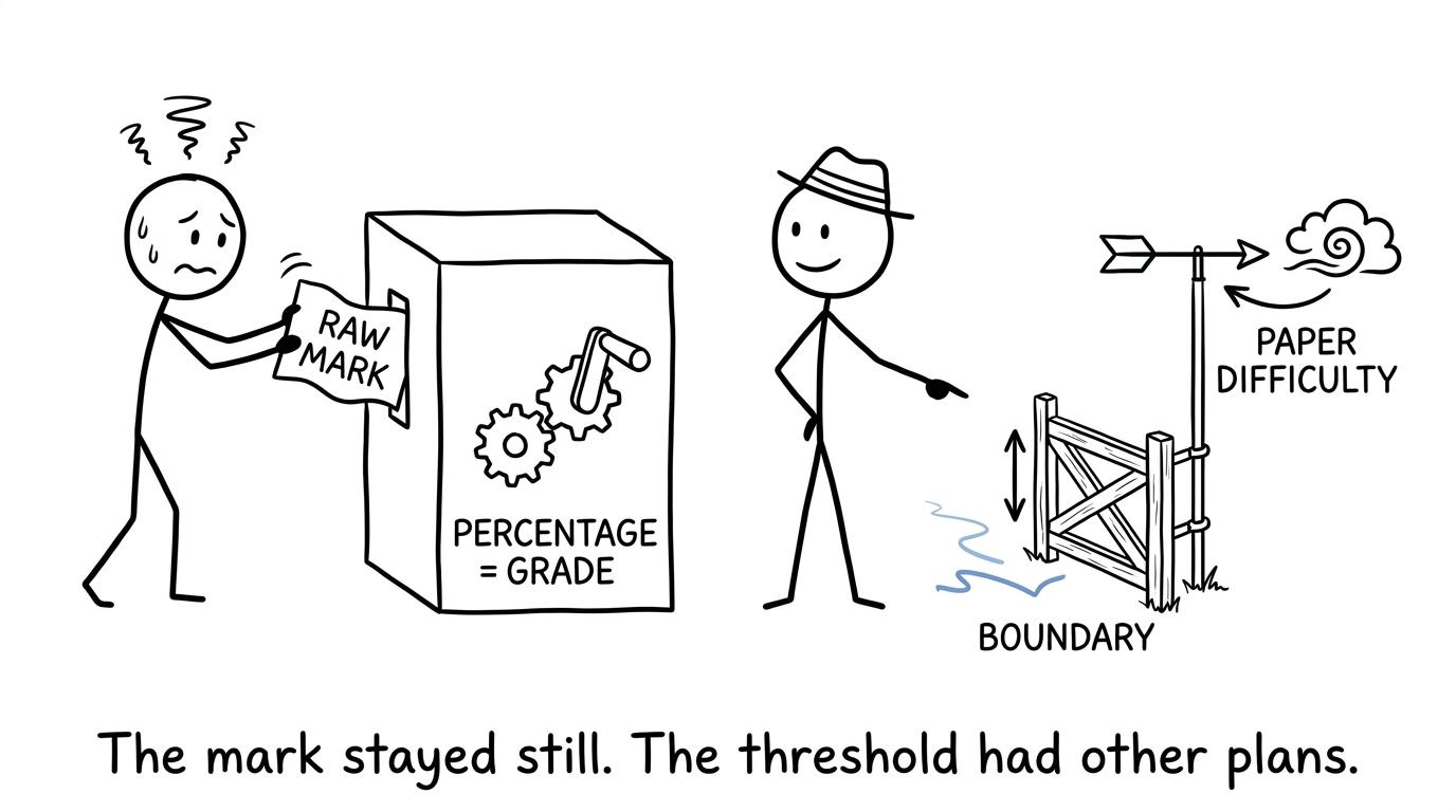 A student discovers that the grade threshold can move even when a raw mark does not