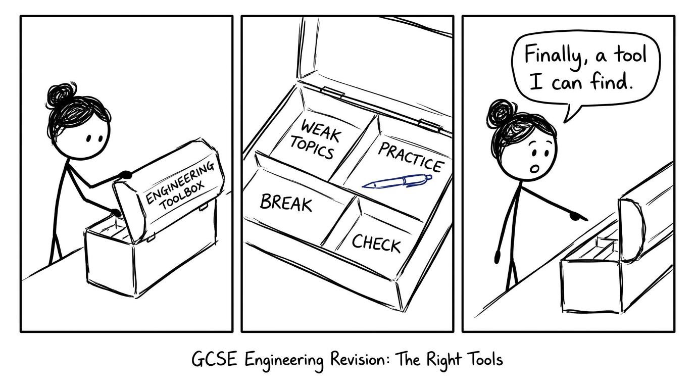 A revision toolbox with compartments for practice and breaks