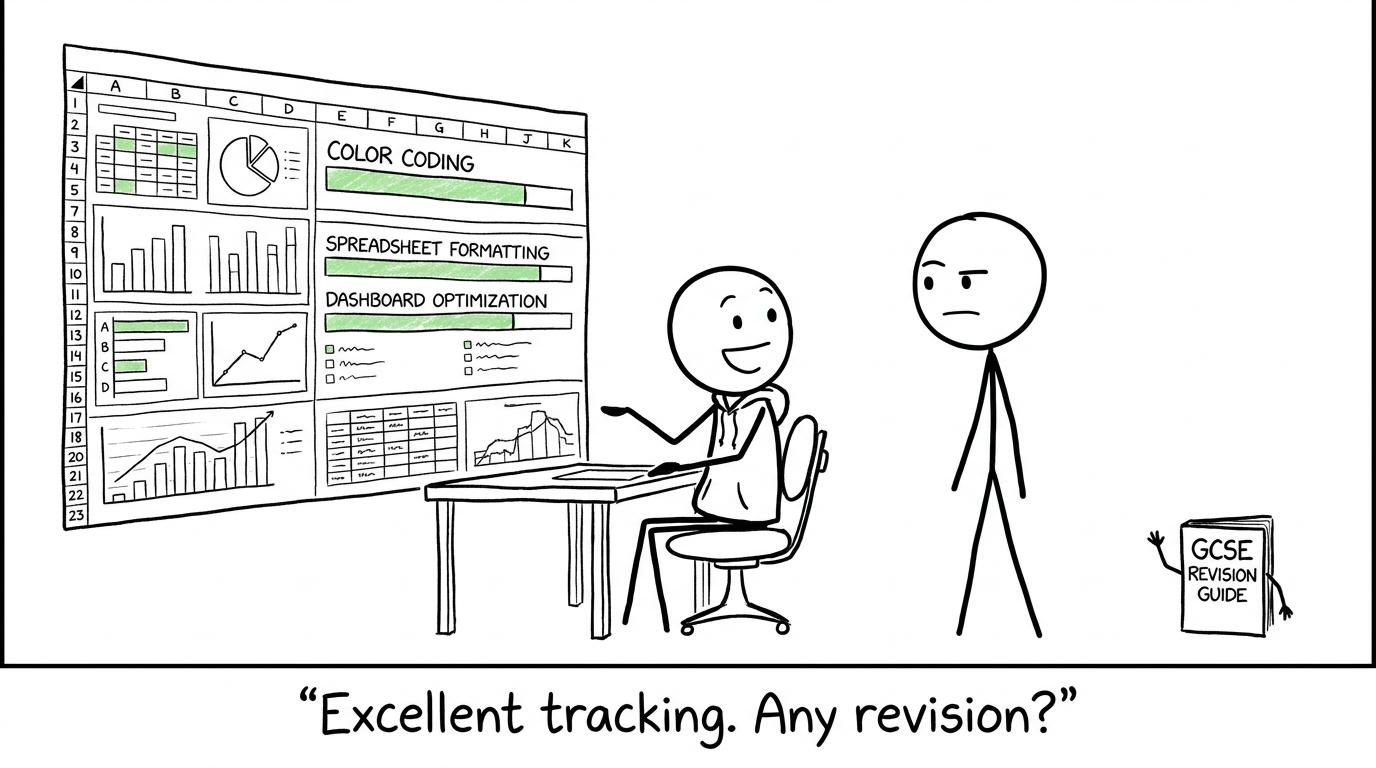 A student proudly presents an elaborate revision dashboard while an unopened book asks whether any revision happened