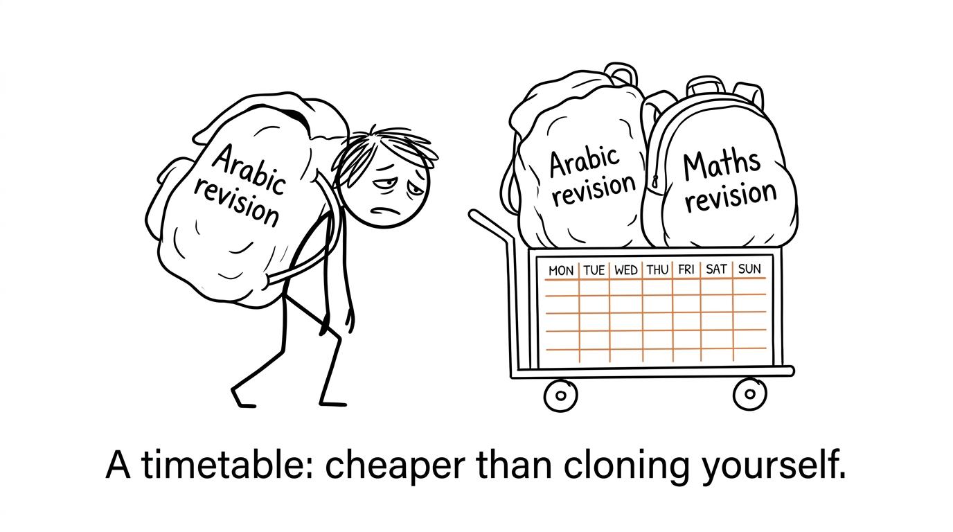 A calendar helping a student carry Arabic and maths revision together