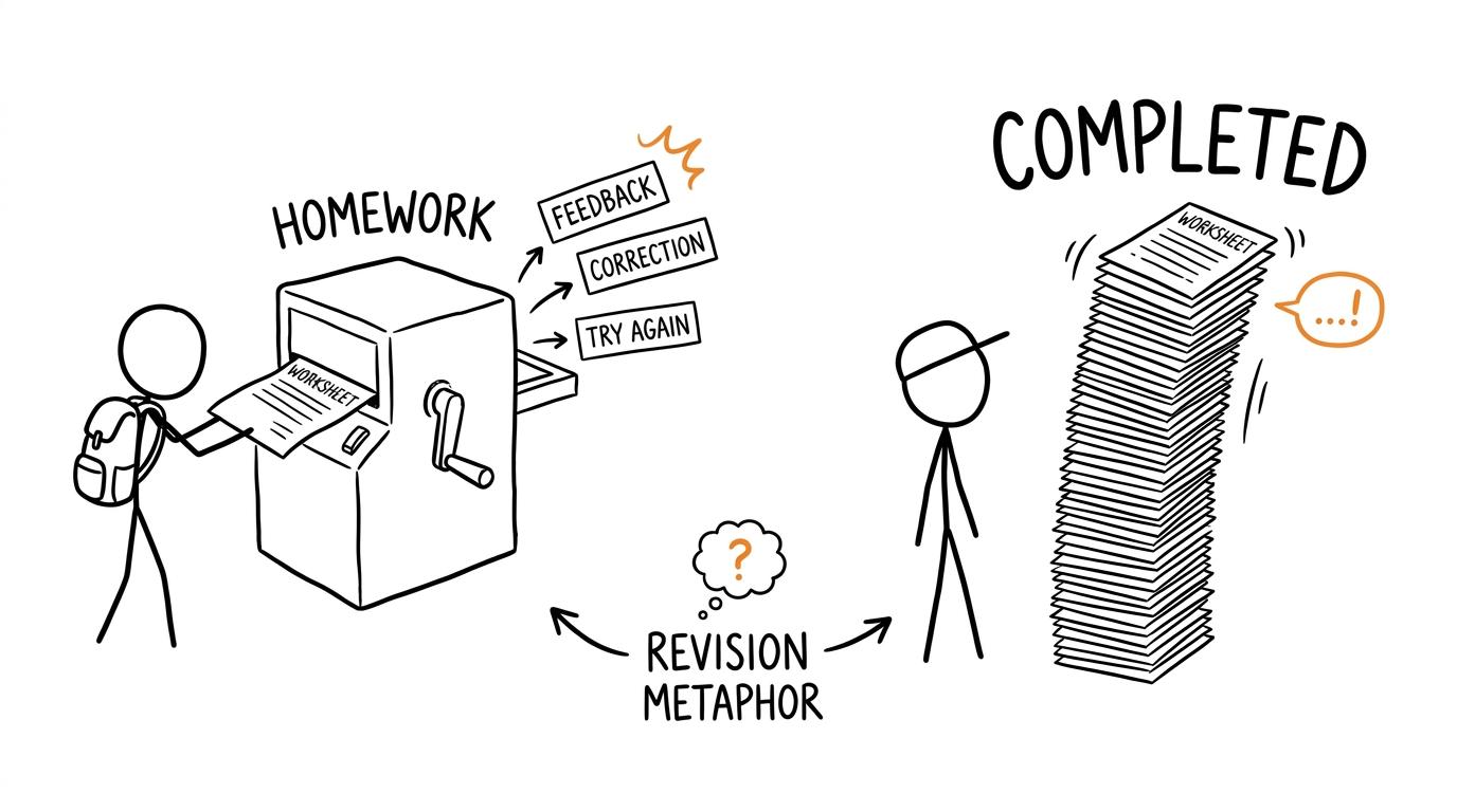 A homework machine producing feedback and corrections beside a wobbling tower of completed worksheets