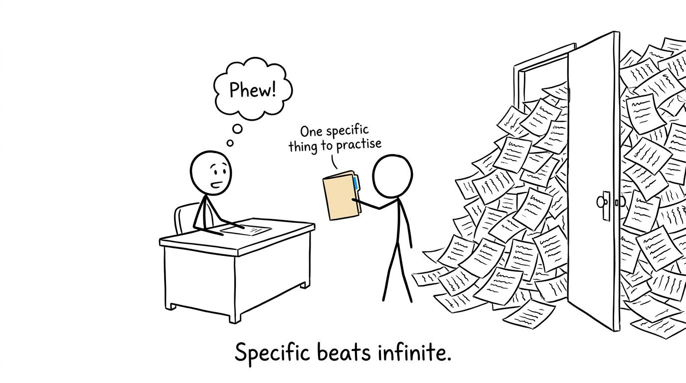 A student asks for one specific practice resource while an avalanche of unnamed worksheets waits outside