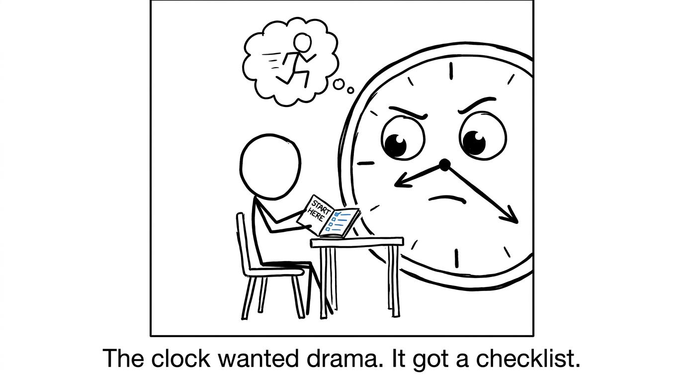 A calm student begins revision while a dramatic clock looks disappointed