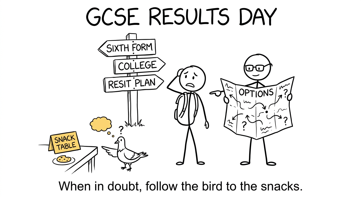 A student and adviser navigate several sensible routes while a pigeon prioritises the snack table