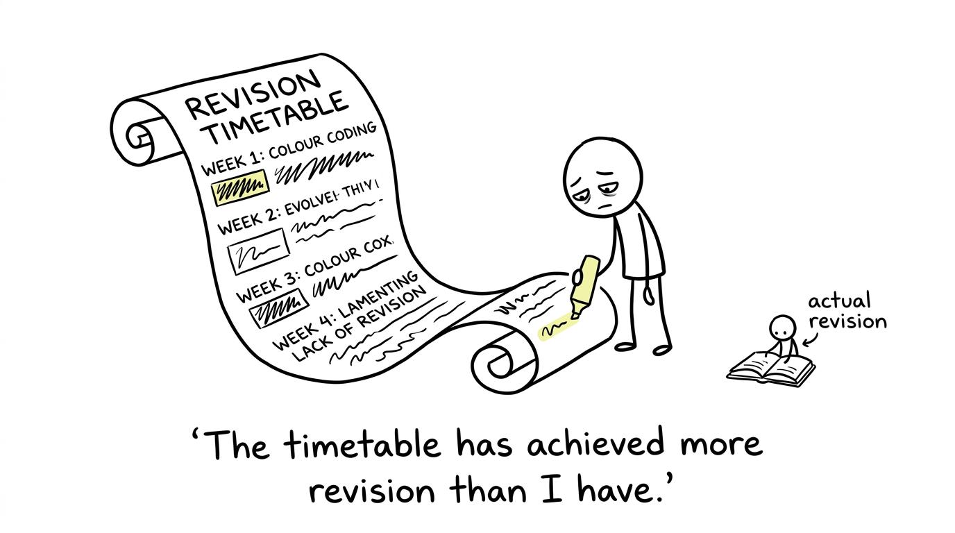 A student discovers that making an enormous timetable is not the same as revising