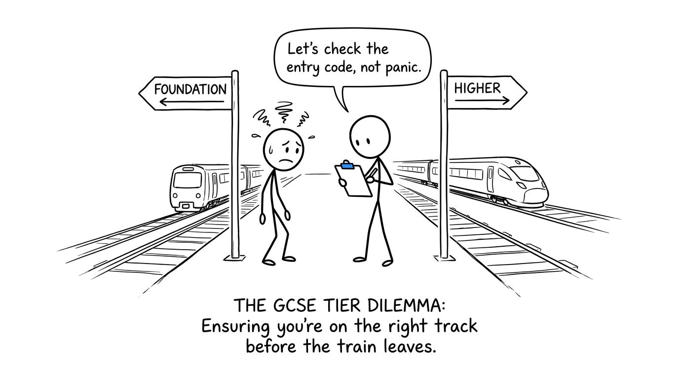 A student choosing between Foundation and Higher while an exams officer checks the entry code