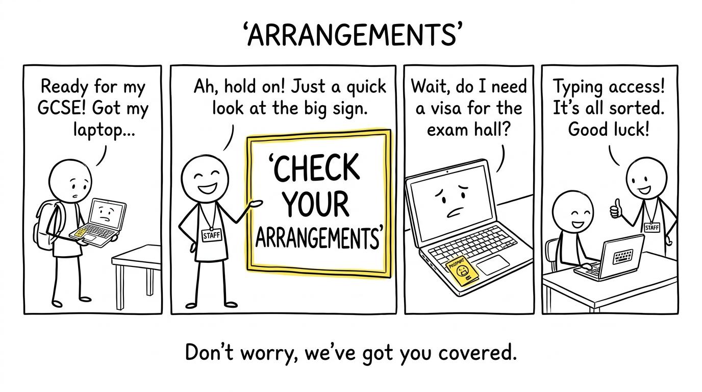 A confused laptop checking its exam arrangements