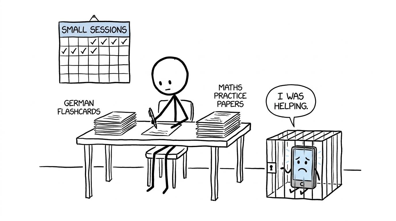 A student balances German and maths revision while the distracting phone serves time