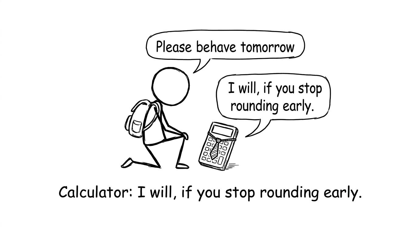 Calculator: I will, if you stop rounding early.