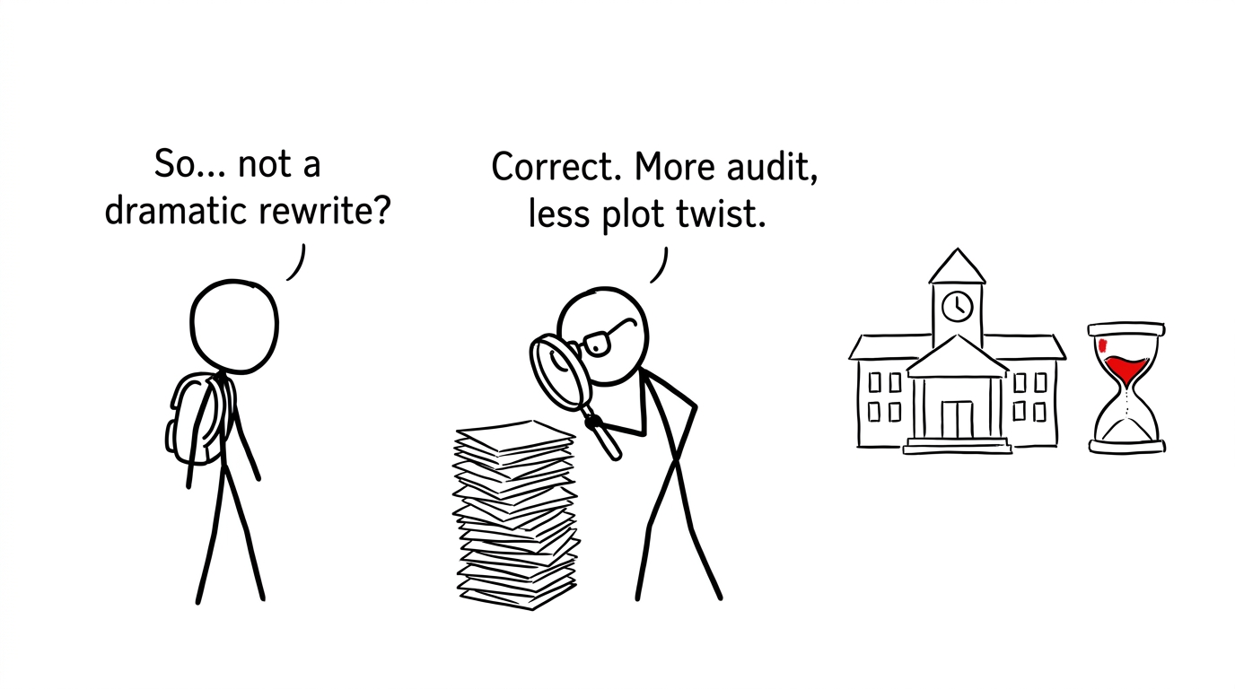 An examiner explains that a review is an audit rather than a dramatic rewrite