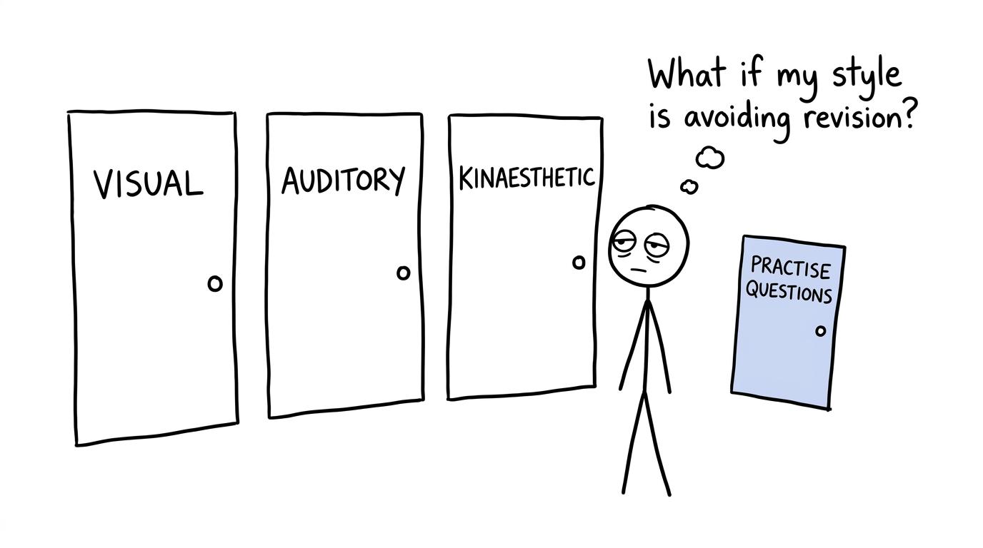 A student choosing between learning-style doors and practice questions