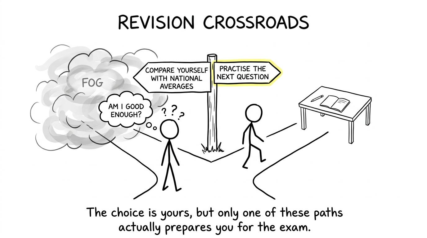 Two revision paths contrast national comparison with practising the next question