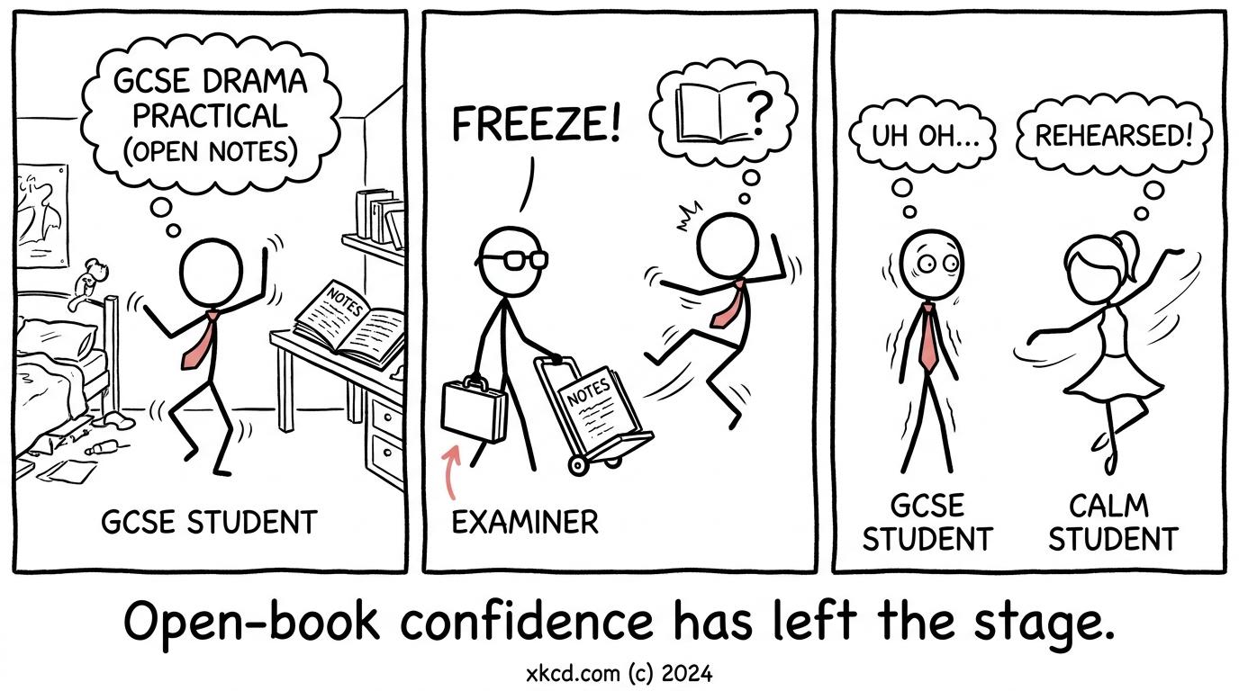 A student discovers that open-book confidence disappears when the notes leave the stage