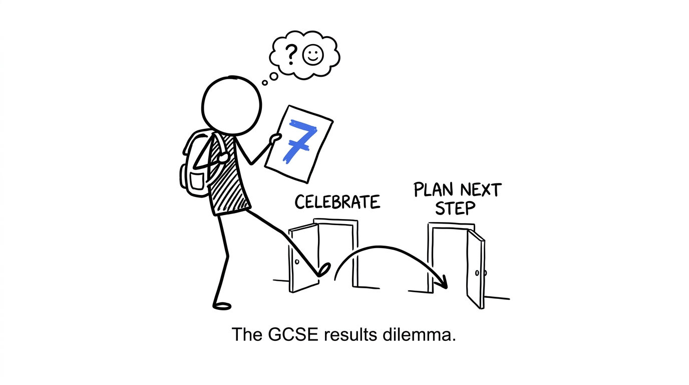 A student trying to celebrate and plan their next step simultaneously
