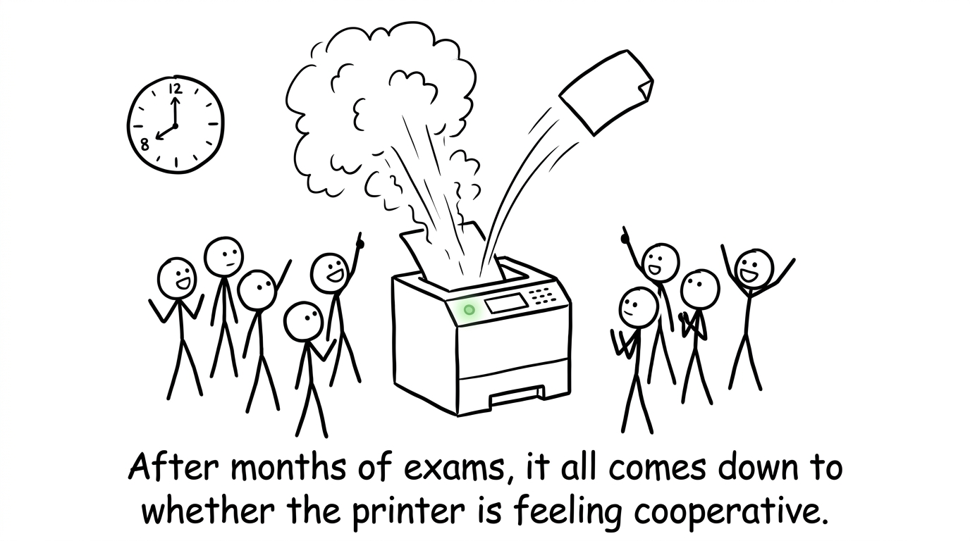 A school printer producing a results slip like a dramatic space launch