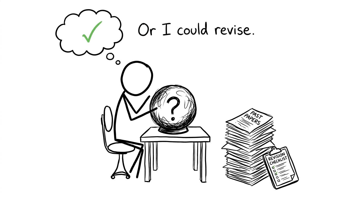 A student considers predicting boundaries with a crystal ball instead of revising