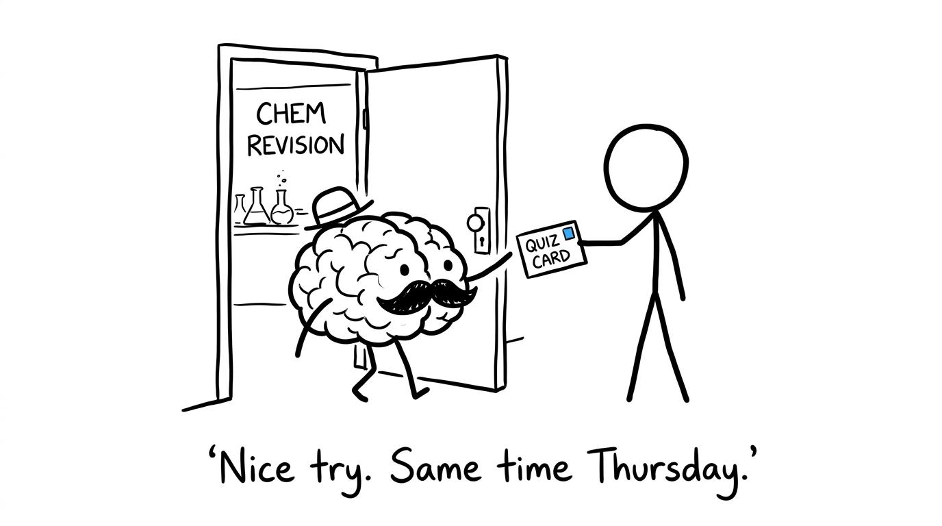 A forgetful brain is caught by a small self-quiz card