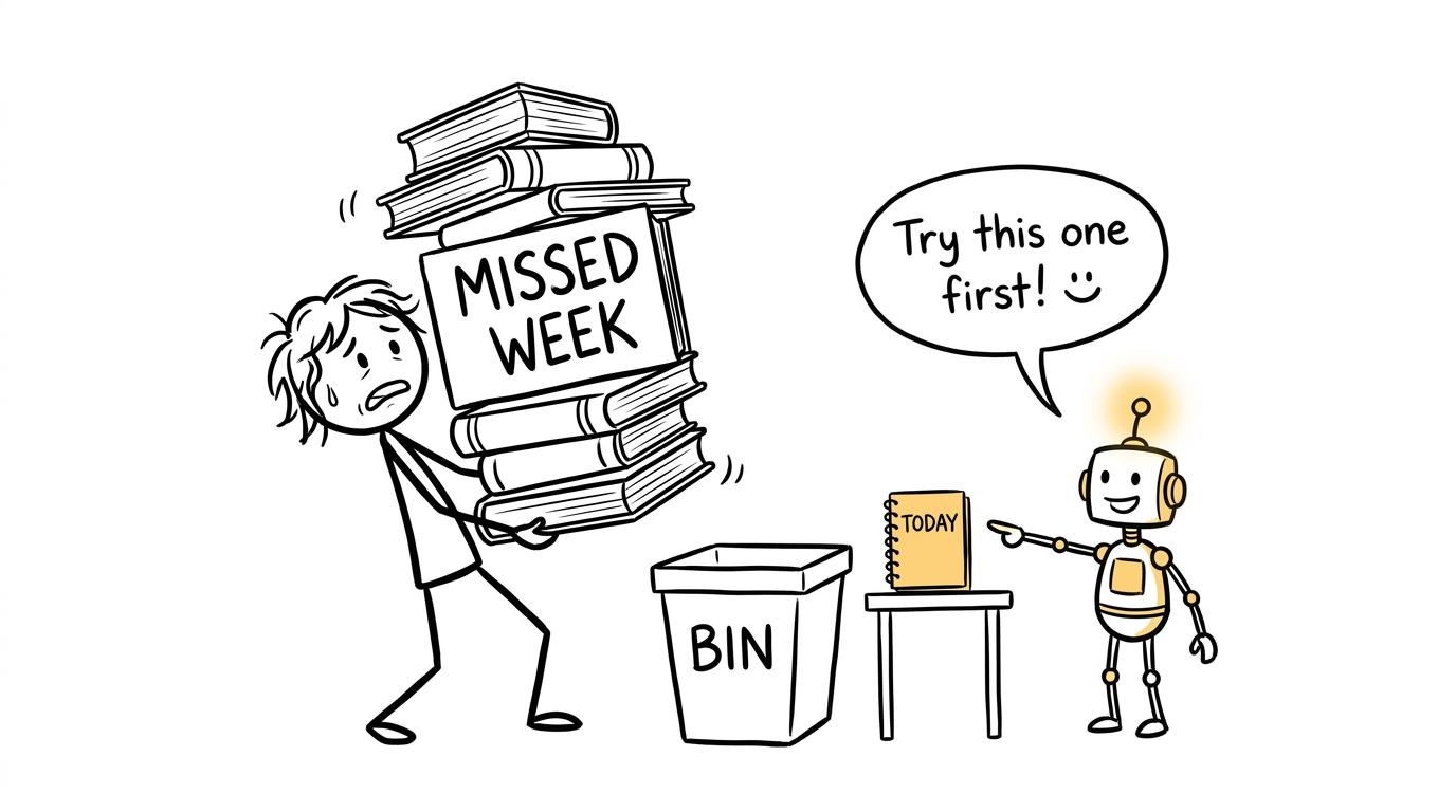 A student abandons an enormous pile of revision debt and carries one manageable notebook instead
