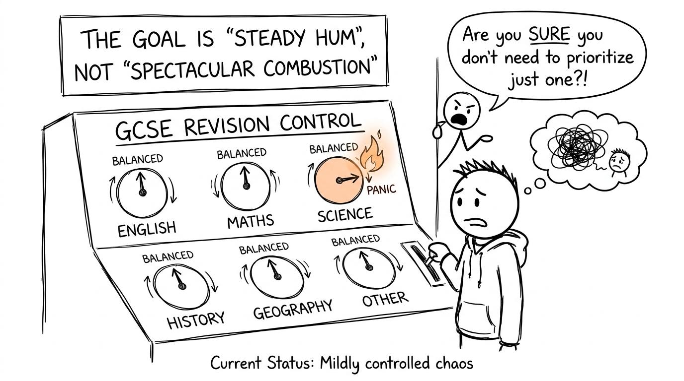 A calm revision control room balances six subject dials