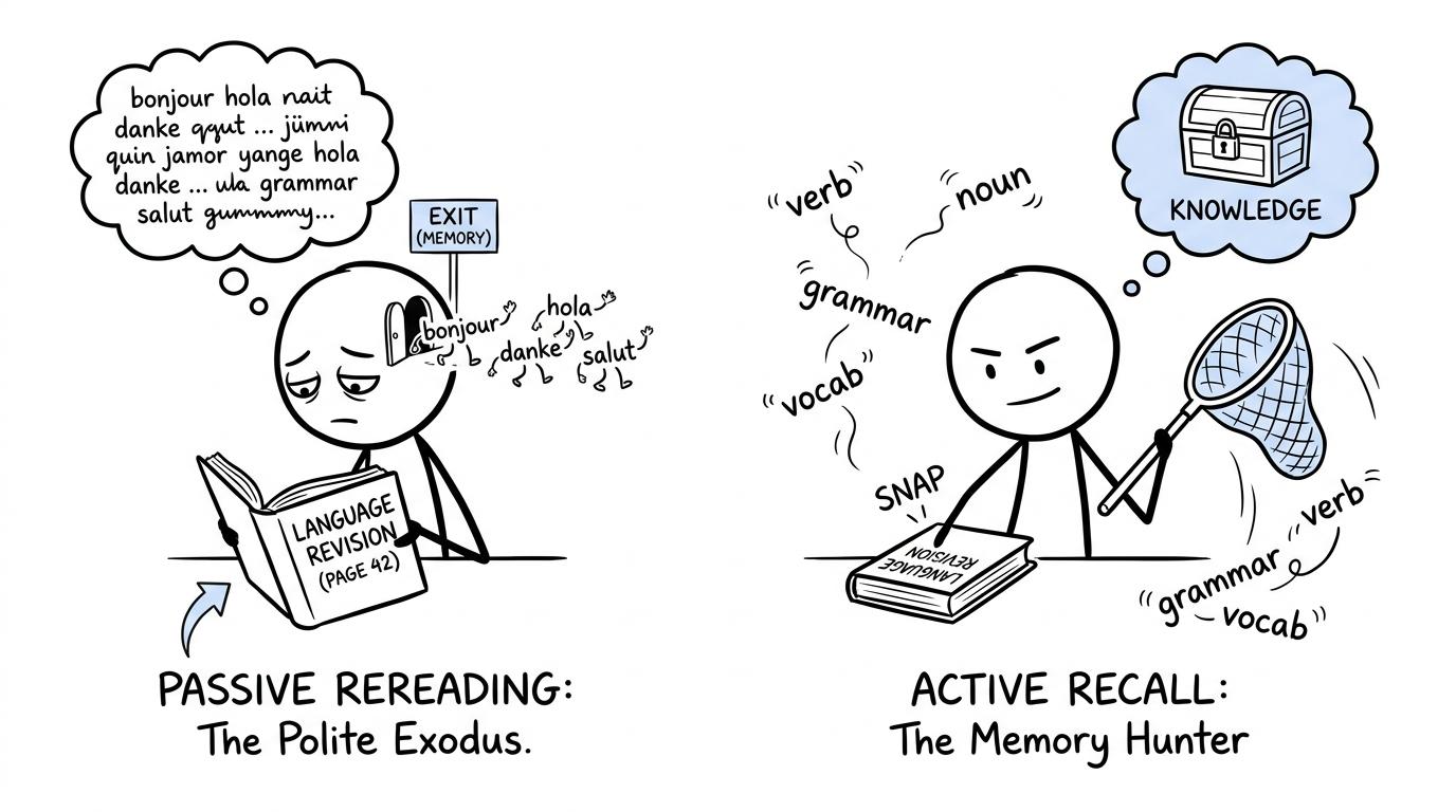 A comic about words escaping during rereading while another student catches recalled ideas