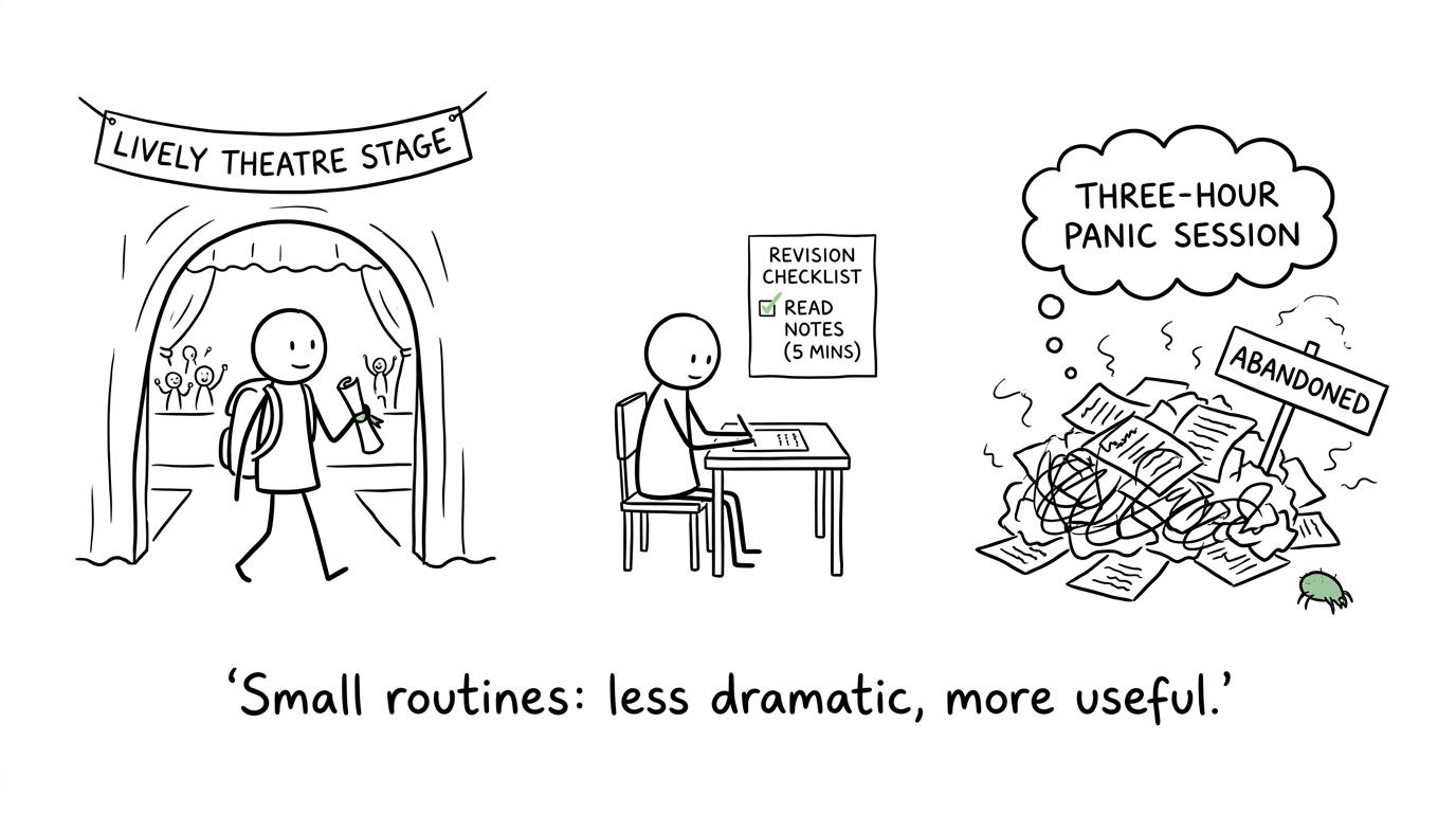A student chooses a short revision routine over an abandoned pile of panic