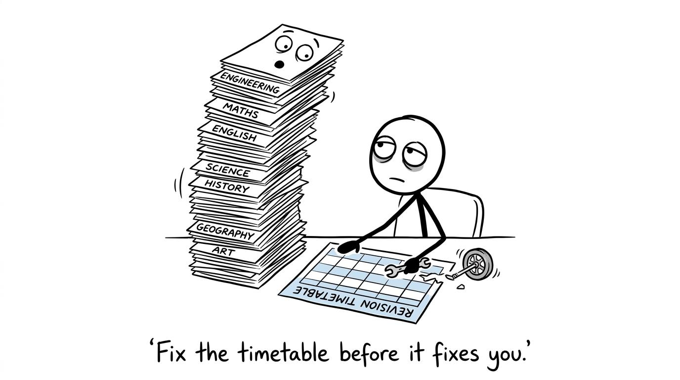 A student repairs a revision timetable while exam papers wait