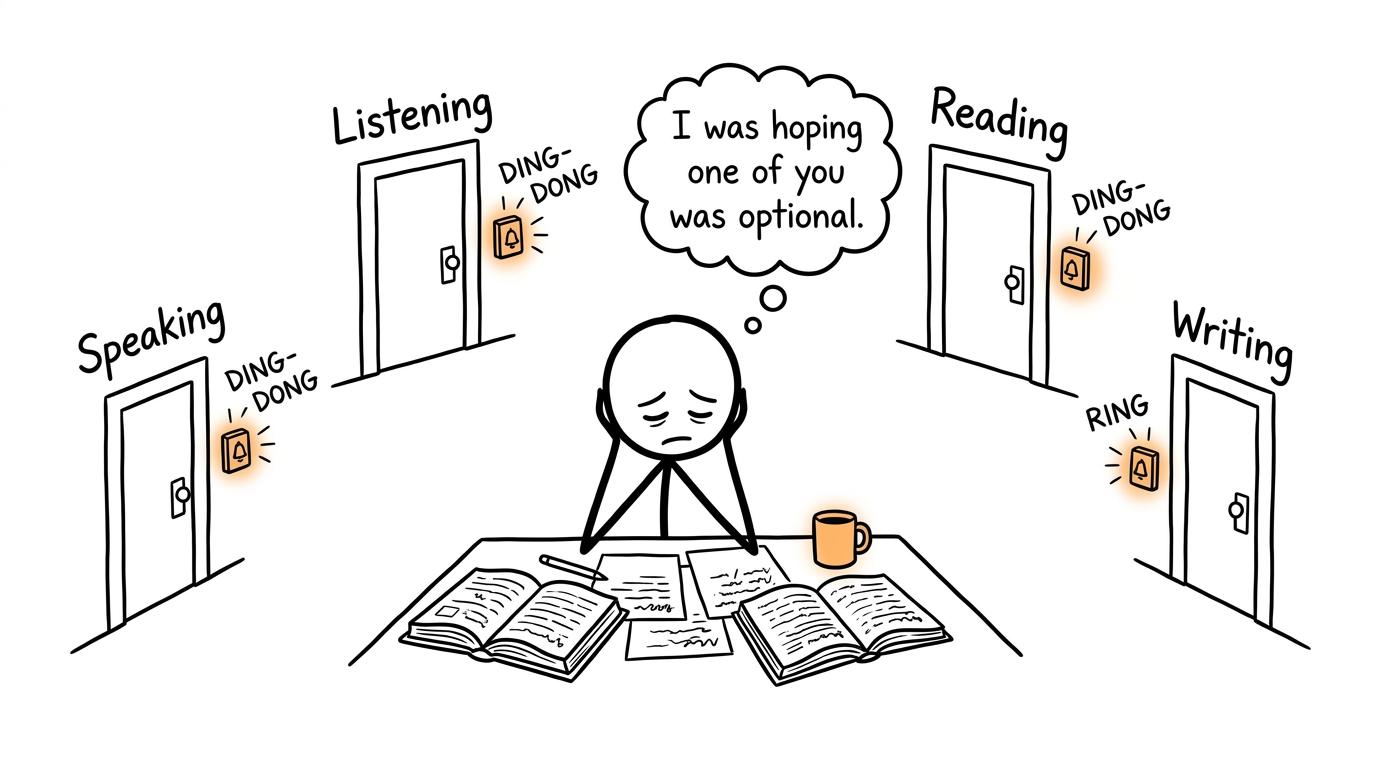 A student being visited by all four GCSE language skills at once
