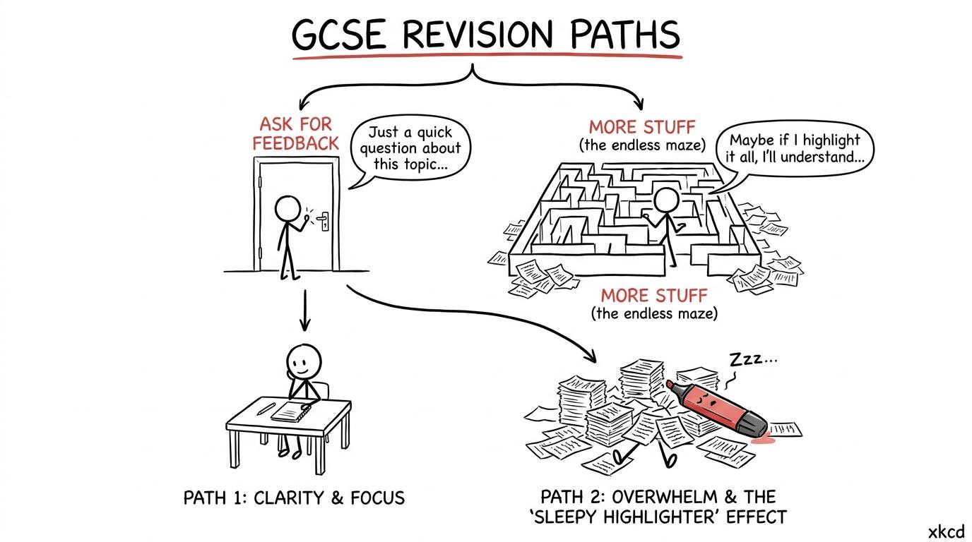 One student takes the clear ask-for-feedback path while another gets lost in a maze of extra stuff