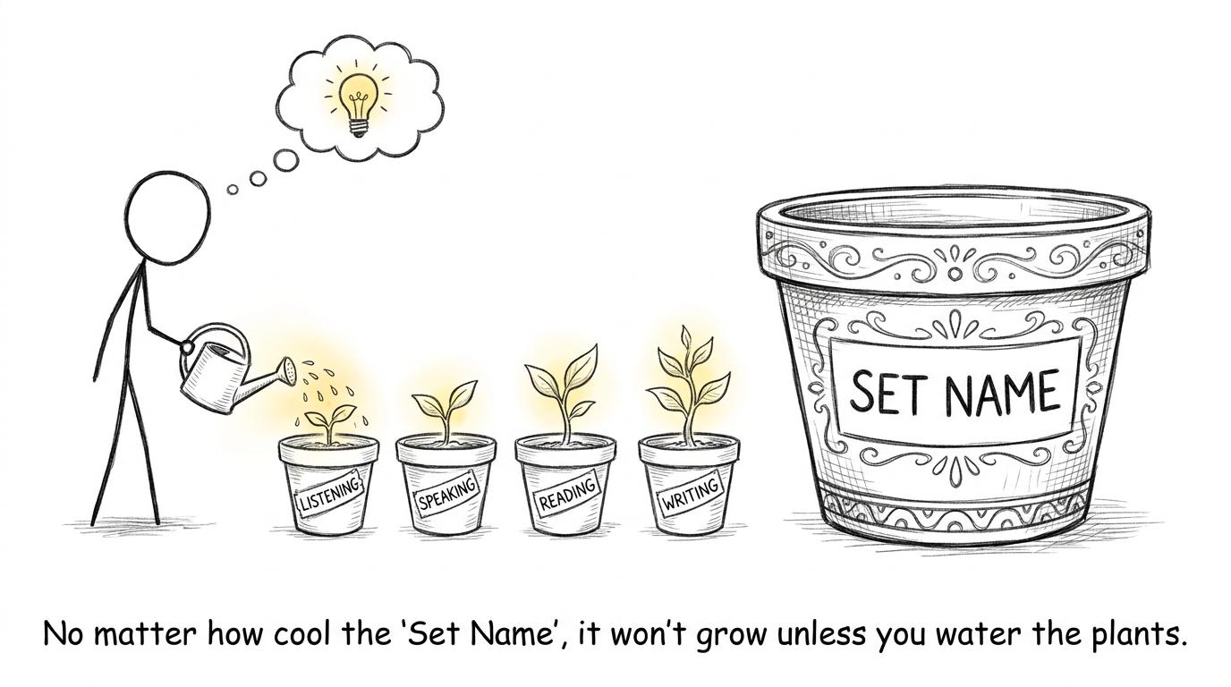 Four language skills receive attention while the set label sits unused