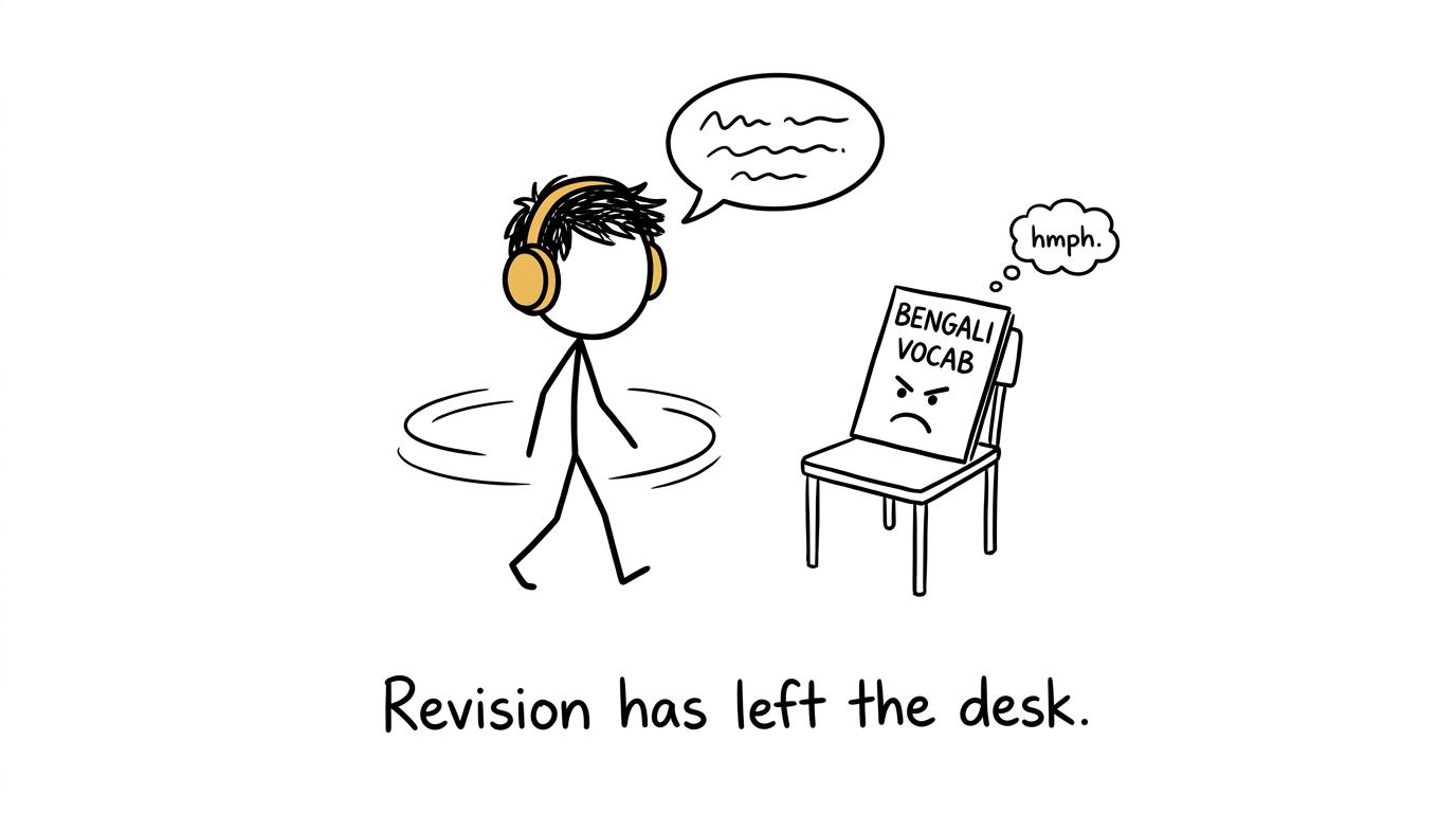 A student walking while revising as an abandoned flashcard watches