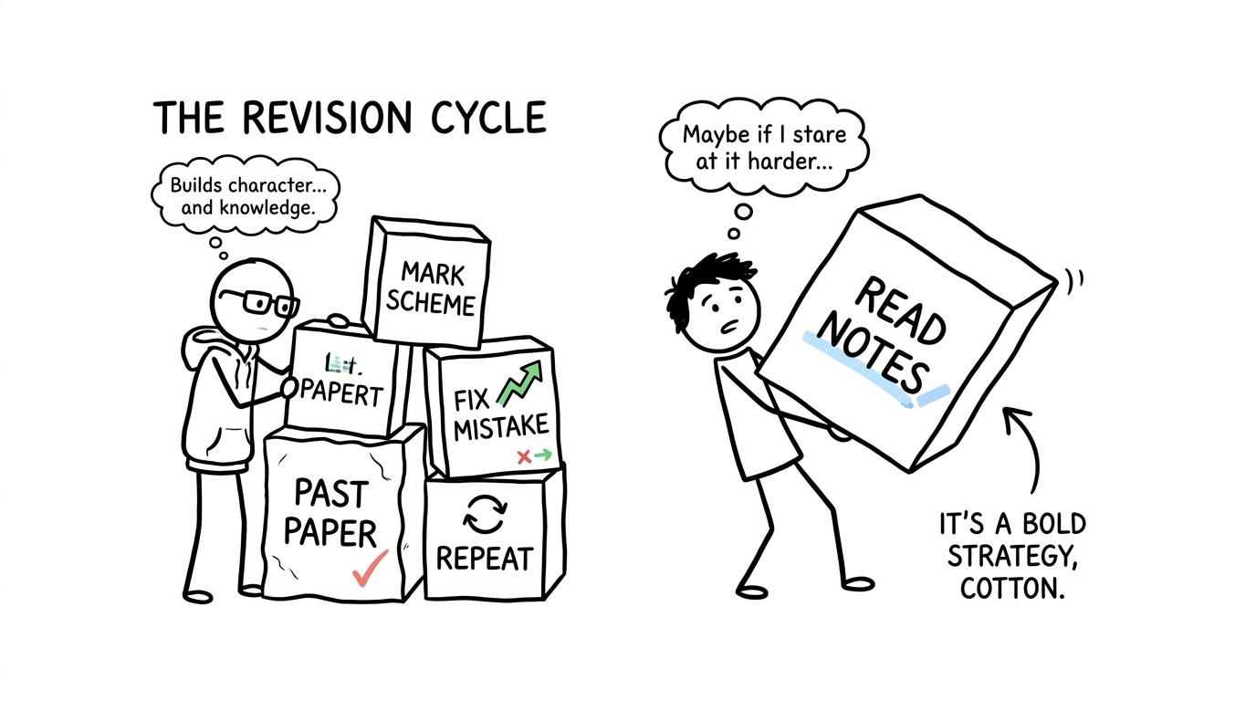 Blocks: past paper, mark scheme, fix, repeat