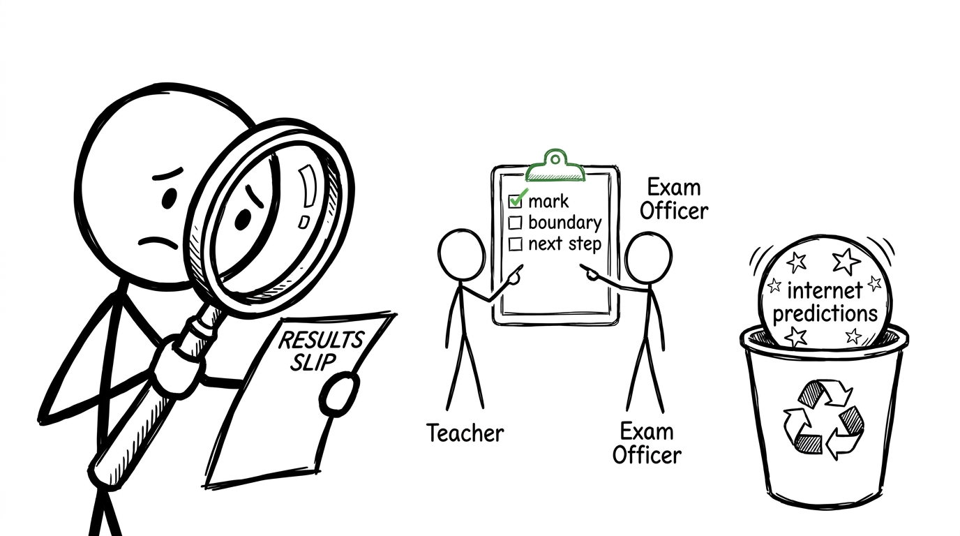 A student checking a results slip while a crystal ball of predictions is discarded
